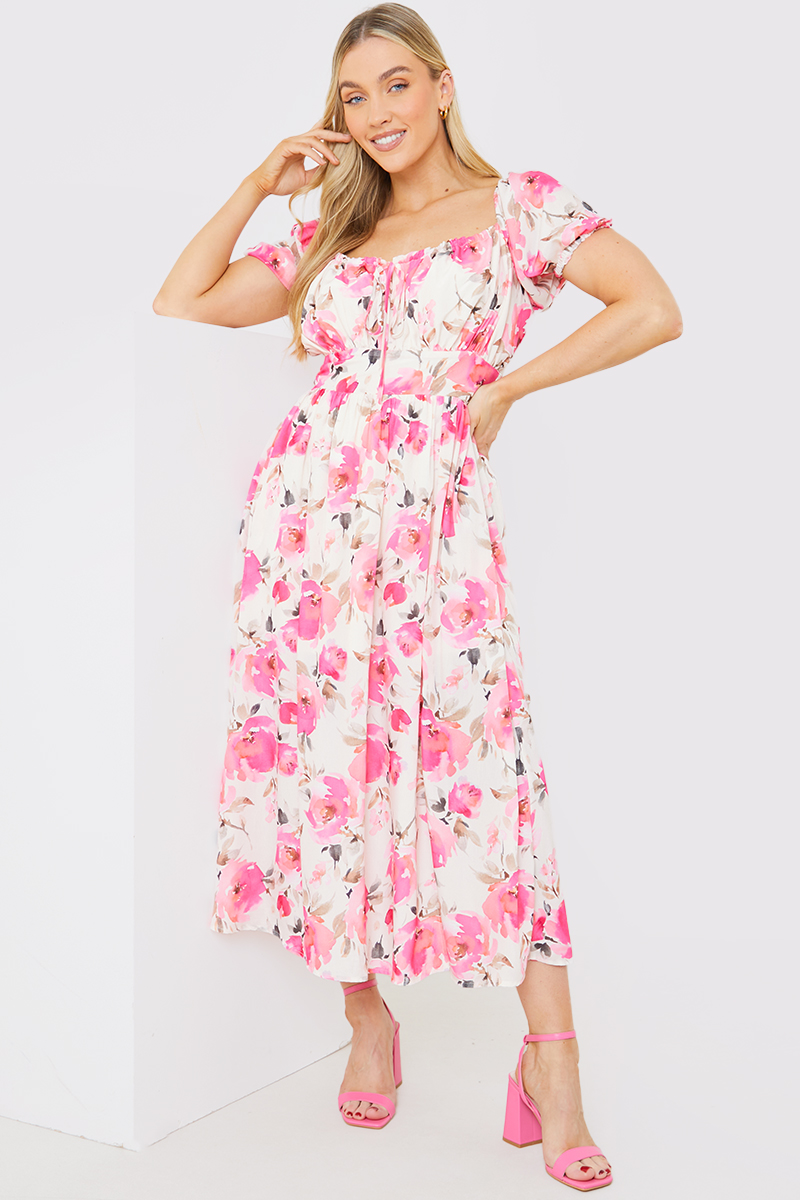 Printed Gathered Bust Puff Sleeve Midi Dress